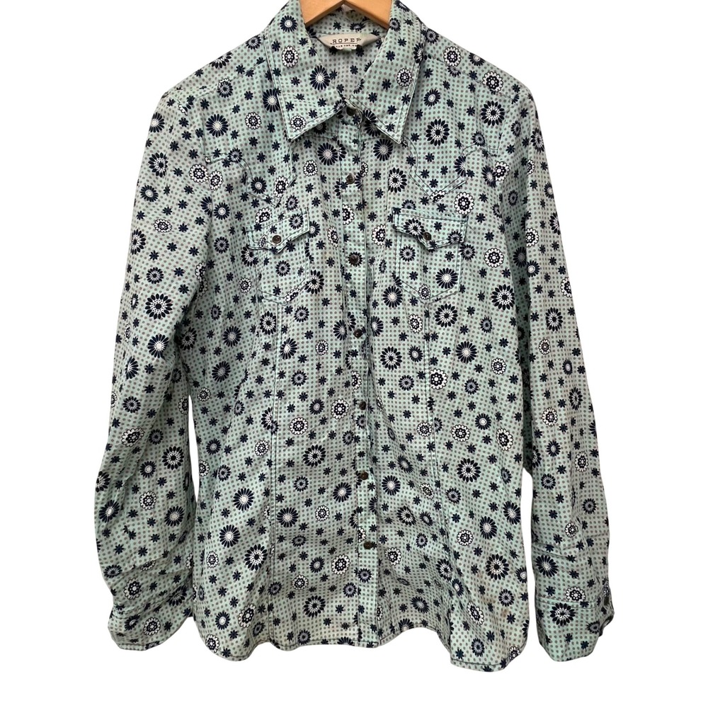 Roper Wear The West Woman's XL Green Black Floral Polka Dot Pearl Snap Shirt